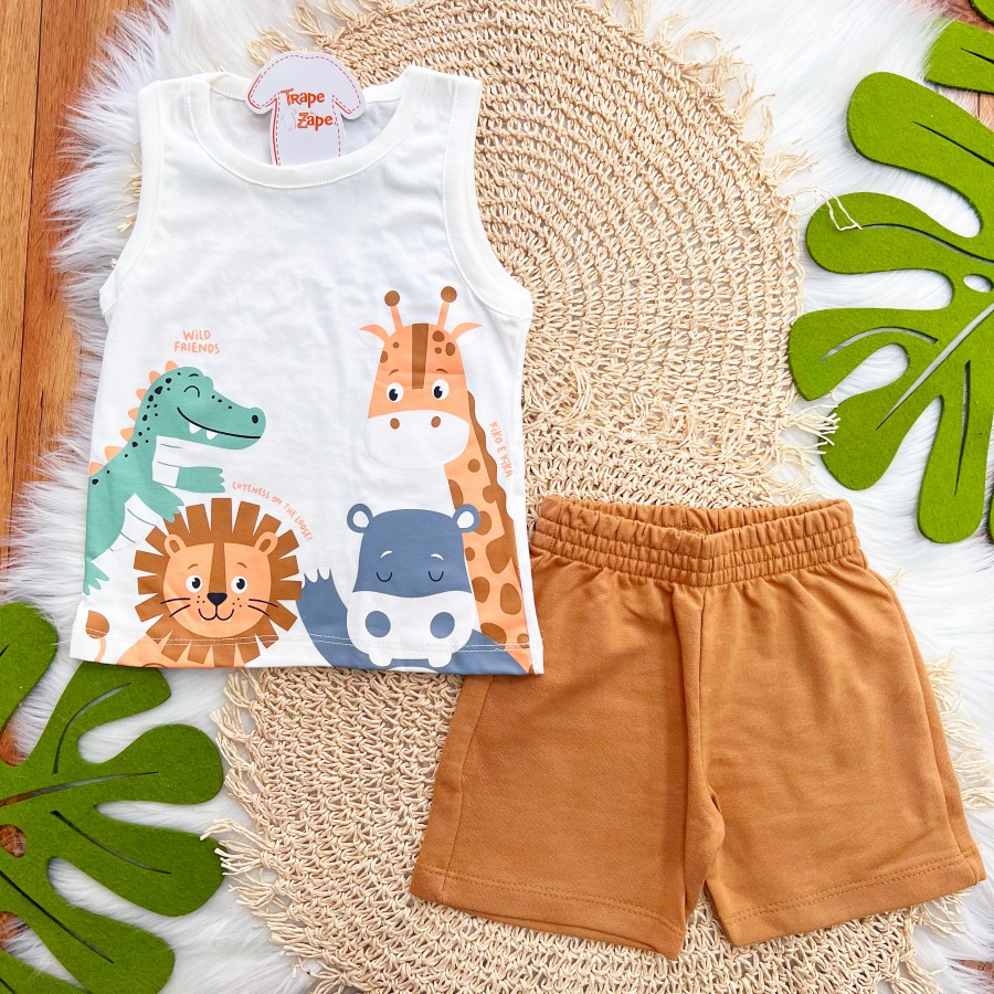 Conj. Regata Wild Friends e Bermuda - Off White e Marrom
